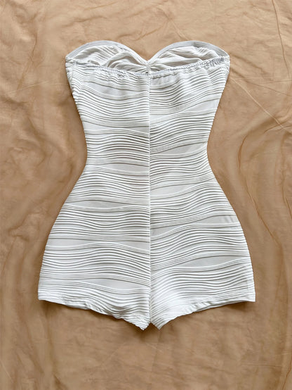 Summer White Bodycon Romper, Strapless with Sun Metal Accents