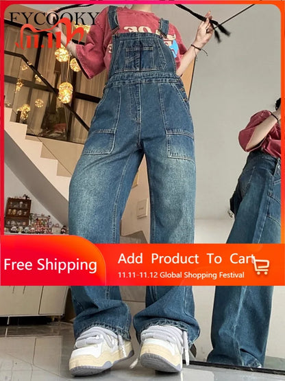 Design Jumpsuits Woman High Waisted Denim Overalls for Women in Spring and Autumn Loose Casual Wide Leg Pants