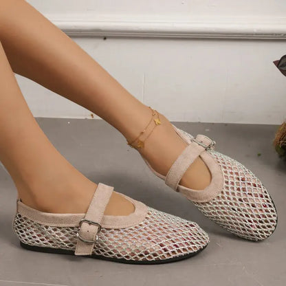 2026 New Model~ Fishnet Rhinestone Ballet Flat Mary Jane Women's Shoes with Hollowed-Out Strap