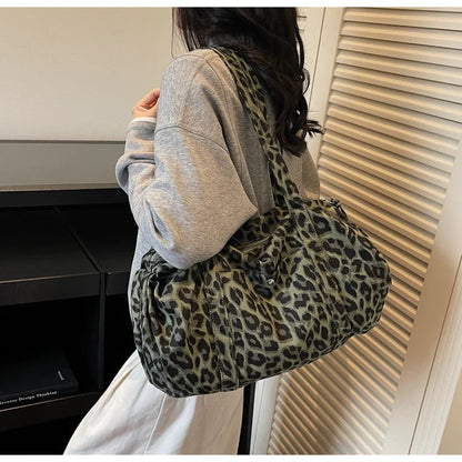 Trendy Leopard Print Canvas Shoulder Bag Large Capacity Fashion Tote Handle Bag for Daily Commute Versatile Texture Storage Bags