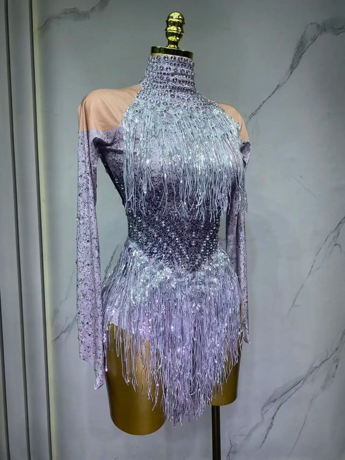 Sparkly Rhinestones Sequins Tassels Bodysuit for Women Sexy Performance Dance Costume Singer Dancer Leotard Show Stage Wear