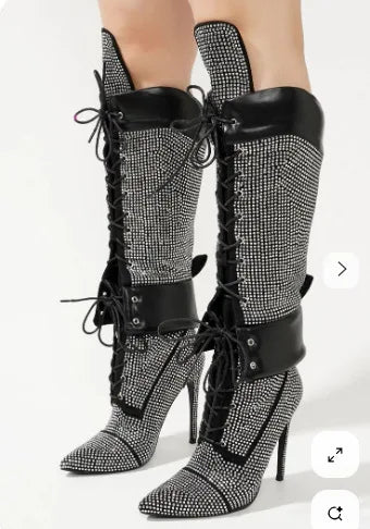 Punk Style Bling Rhinestone Pointed Toe Mid-Calf Women Boots Stiletto High Heels Lace Up Design Large Size Fashion Show Shoes