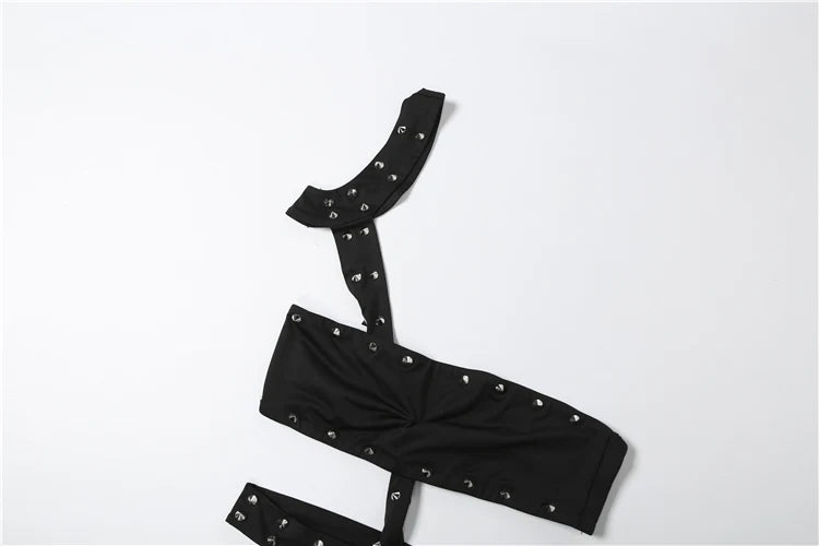 Sisterlinda Rivet Sexy Halter Romper Women Backless Sleeveless Irregular Waistless Summer Sexy Skinny Club Midnight Playsuits