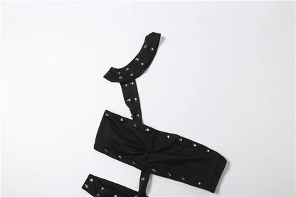 Sisterlinda Rivet Sexy Halter Romper Women Backless Sleeveless Irregular Waistless Summer Sexy Skinny Club Midnight Playsuits
