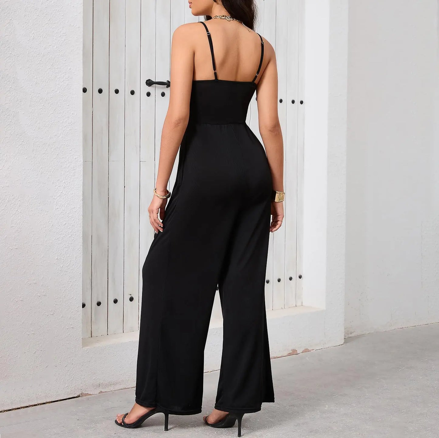 Ladies' casual solid color slim shoulder strap V-neck jumpsuit with cinched waist and wide leg pants
