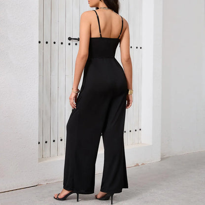 Ladies' casual solid color slim shoulder strap V-neck jumpsuit with cinched waist and wide leg pants