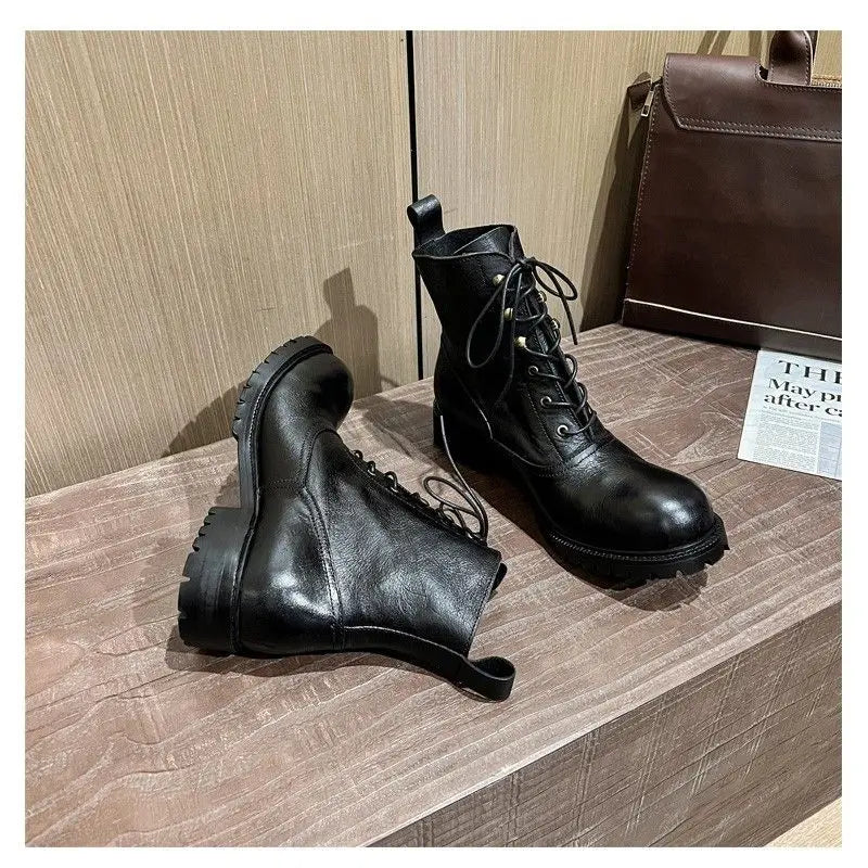 Fashion Cow Genuine Leather Motorcycle Boots Brogue Shoes Retro High Big Head Men's Mid-calf Chelsea Boots For Men Brown