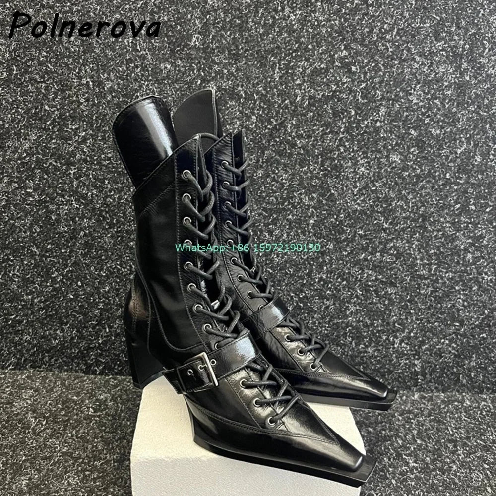 Buckle Belt Cross Tied Boots Solid Square Toe Strange Style Heels Zipper Black Ankle Boots Women's Genuine Leather Modern Boots