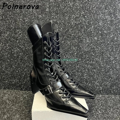Buckle Belt Cross Tied Boots Solid Square Toe Strange Style Heels Zipper Black Ankle Boots Women's Genuine Leather Modern Boots