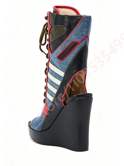 Denim Color Block Open Toe Ankle Boots Women White Stripes Patchwork Front Lace Up Contrast Wedge High Heel Fashion Cutout Boots