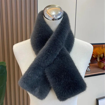 Korean Women Winter Warm Thicken Cross Collar Scarf Imitation Faux Rabbit Fur Scarf Solid Furry Neck Warmer Cold Proof Scarves