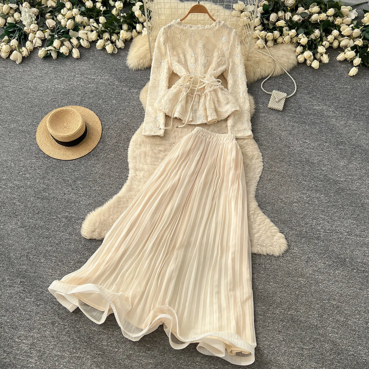 lace beaded embroidery  Elegant Two Pieces Sets Chic Blouse Top with Sweet High Waist  A-line Skirt Vacation Fall Sets