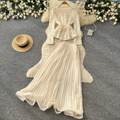 lace beaded embroidery  Elegant Two Pieces Sets Chic Blouse Top with Sweet High Waist  A-line Skirt Vacation Fall Sets