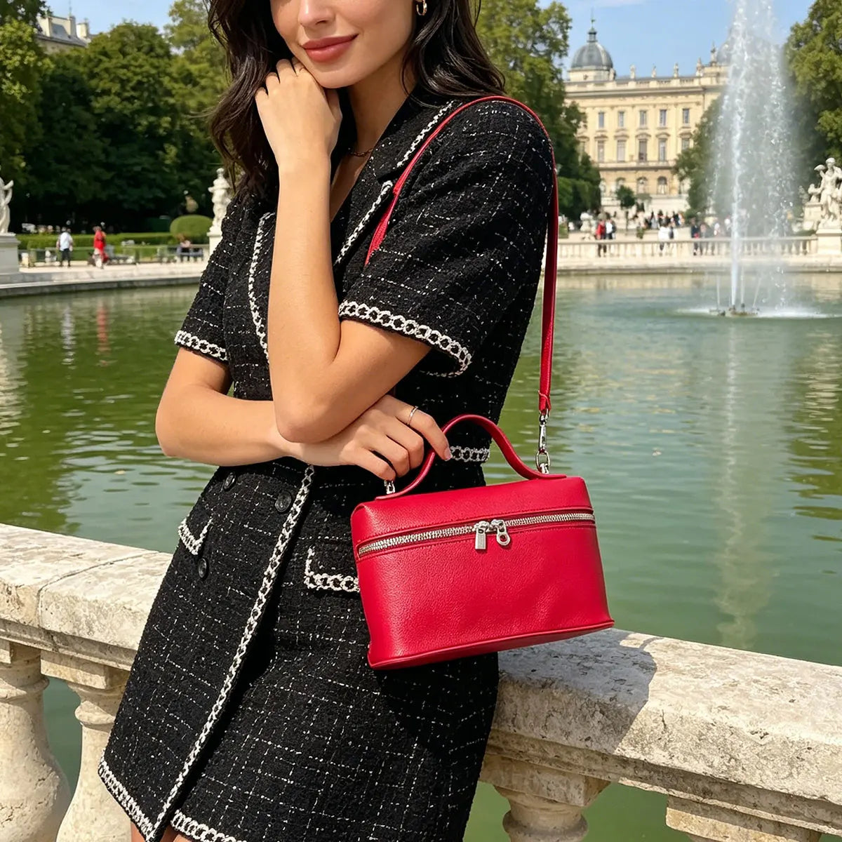 Fashionable Light Luxury Solid Color Box Bag Litchi Pattern Portable Carrying Crossbody Bag Daily Commuting Versatile Square Bag