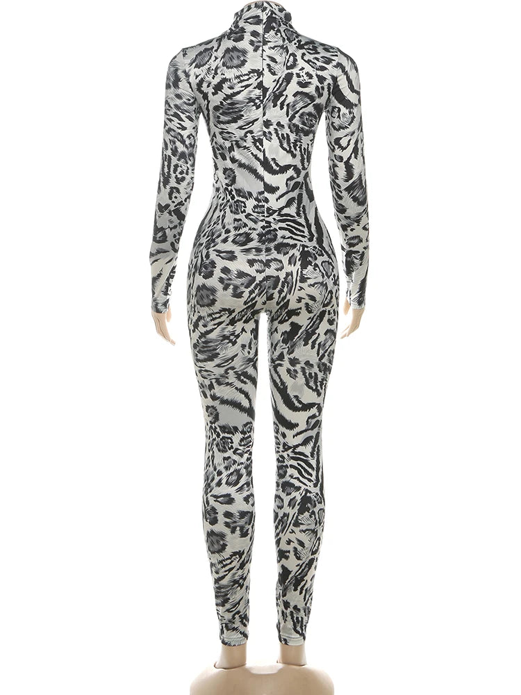 Kliou Leopard Print Jumpsuit Woman Autumn Trend Turtleneck Full Sleeve Skinny Peach Hip Hot Girls Midnight Sexy Fashion Overalls