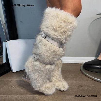 Women's Faux Fur Clear Wedges Boots Street Style Winter Warm Puffy Furry Boots Round Toe Slip On Belt Buckle Trending Shoes