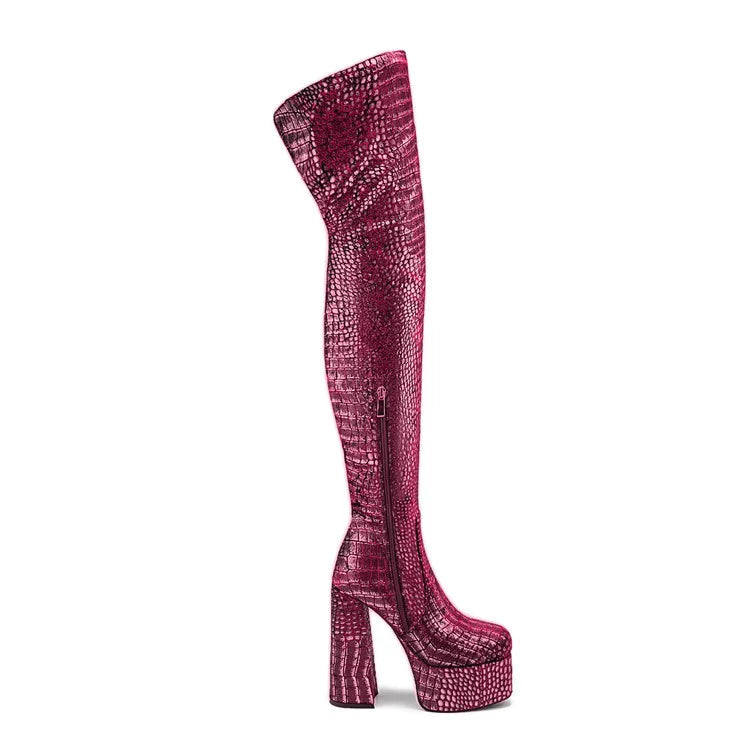 15CM Chunky Heel Platform Woman Over-the-knee Snake Pattern Boots Wild T Show Shoes Sexy Slimming Stretch Thigh Boots For Women