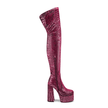 15CM Chunky Heel Platform Woman Over-the-knee Snake Pattern Boots Wild T Show Shoes Sexy Slimming Stretch Thigh Boots For Women