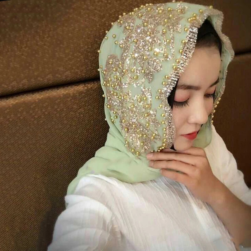 Chiffon Hijab Scarf Muslim Islamic Hijabs Scarves for Woman Long Headwraps with Bead Head Scarf Shawl Wrap Prayer Turbante