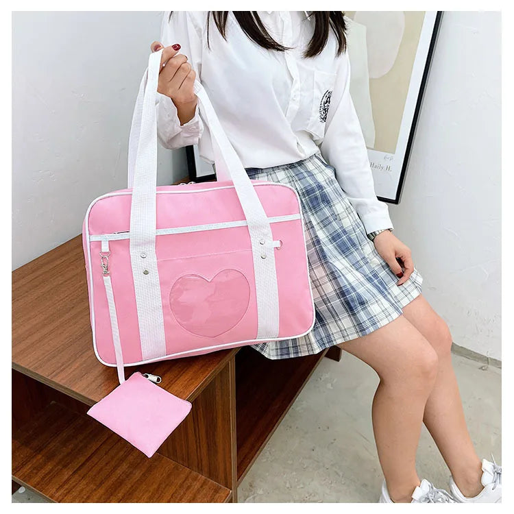 Japanese Preppy Style  Pink Uniform Shoulder School Bags for Women Girls Canvas Large Capacity Casual Luggage Handbags Totes