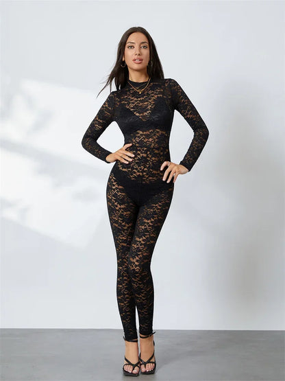 Women's Lace Jacquard Jumpsuits Long Sleeve Mock Neck Bodycon Long Romper See Through Club Sexy Overalls Streetwear
