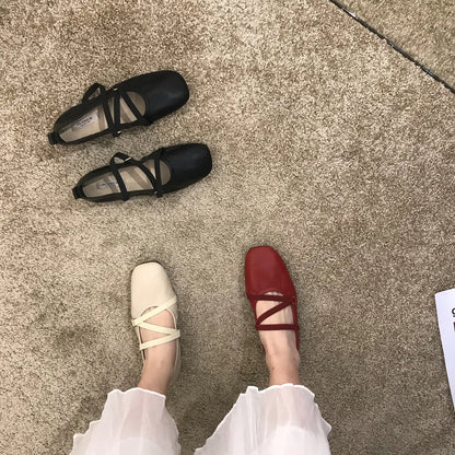 Spring Ballet Flat Shoes Women Comfy Leather Shoes 2024 Women Luxury Women Square Toe Flat Mary Janes Ladies Shoes Double Buckle