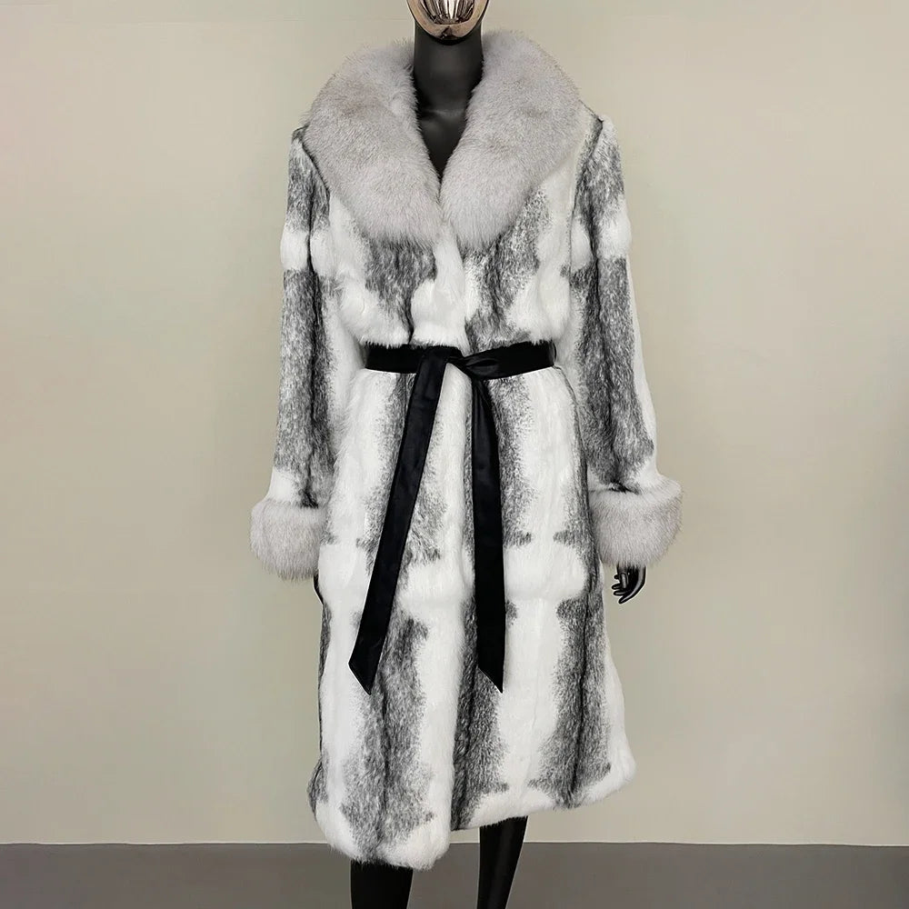 2024 New Autumn Winter Thickened Fur Coat for Women Rabbit Fur One-piece Long Style Real Fox Fur Collar Fashion Warm Coat Women