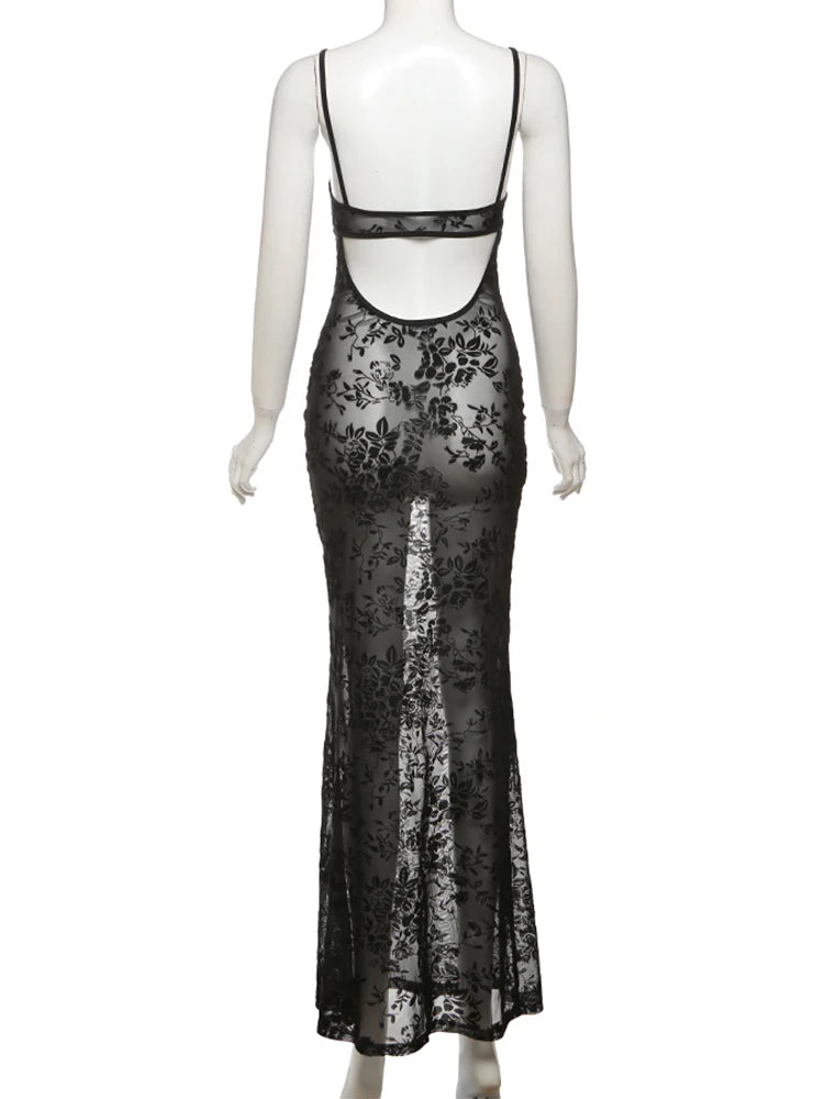 Weird Puss See Through Dress Women Backless Hollow Flower Print Patchwork Solid Sleeveless Sexy Midnight Clubwear Party Vestidos