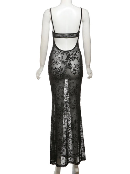Weird Puss See Through Dress Women Backless Hollow Flower Print Patchwork Solid Sleeveless Sexy Midnight Clubwear Party Vestidos