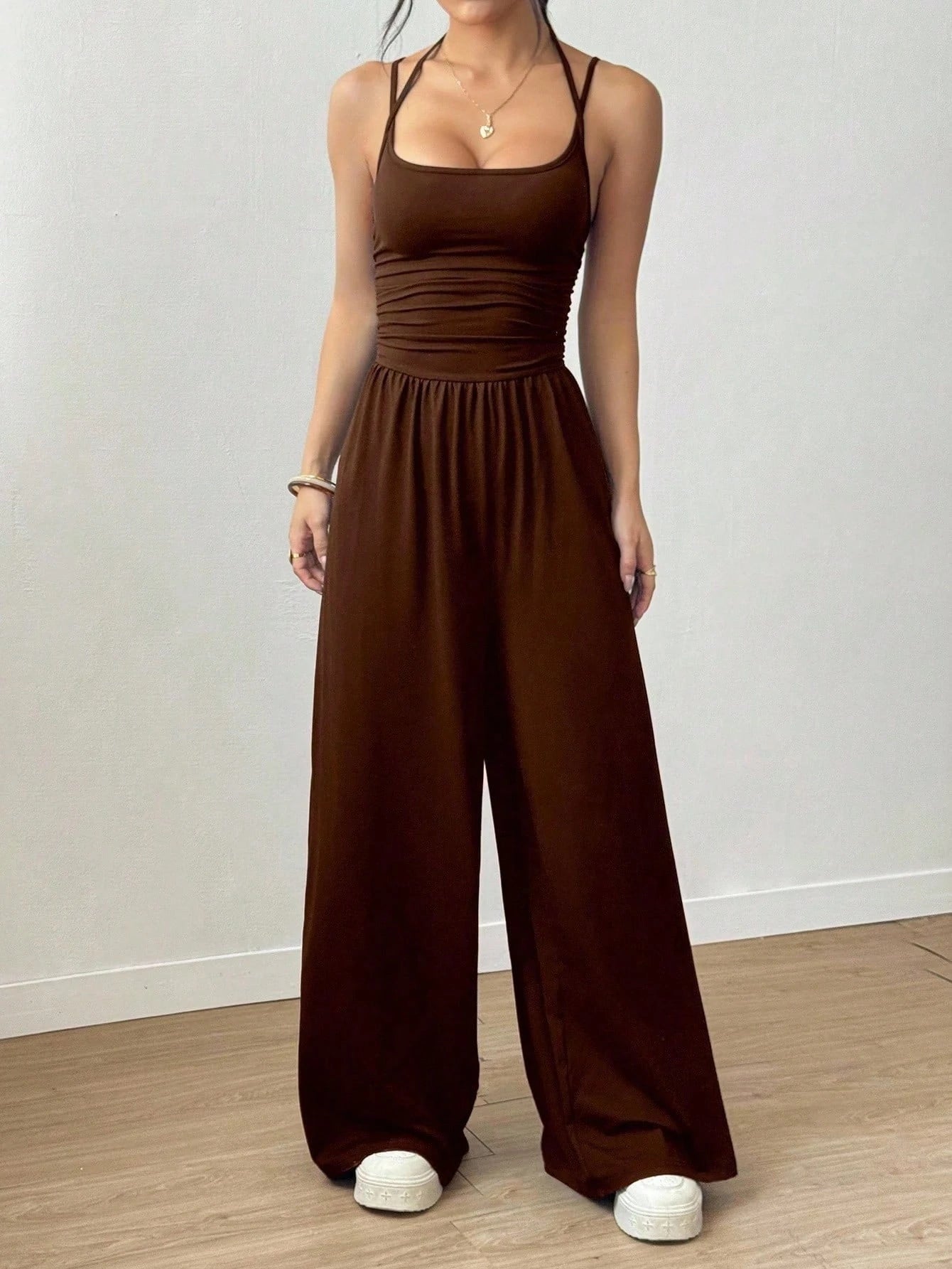 Women's Sleeveless Halter Jumpsuit - Ruched Waist, Wide Leg Pants, Soft Casual One-Piece Romper for Daily Wear