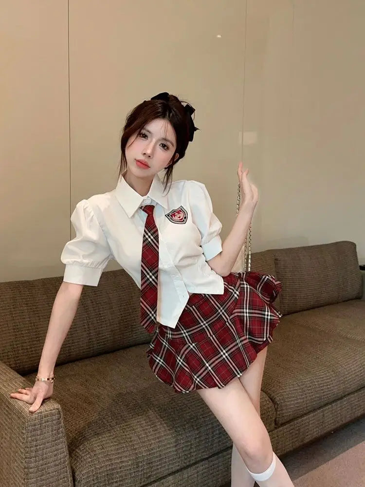 2025 improved cute sexy korea jk suit women autumn jk school uniform women shirt plaid pleated half skirt fashion two-piece set