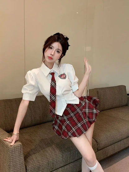 2025 improved cute sexy korea jk suit women autumn jk school uniform women shirt plaid pleated half skirt fashion two-piece set