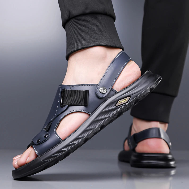 2026New Summer Mens Summer Outdoor Sandals 2-in-1 Beach Walking Shoe Genuine Leather Business Driving Shoe Flat Designer Sandals