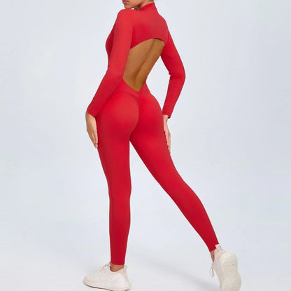 Seamless Yoga Zipper Jumpsuits Sports Fitness Beauty Back Hip-Lifting Long-Sleeved One-Piece Workout Gym Bodysuits for Women