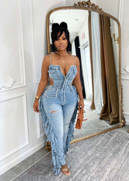 Hollow Out Tassel Jeans Jumpsuit Sexy Women Spaghetti Strap Elegant Streetwear Denim Pencil Overalls Romper
