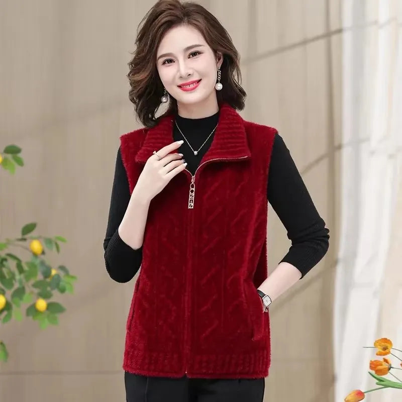 2025 Autumn Winter Zipper Middle Aged Mother Women's Mink Fur Vest Coat Fashion Sleeveless Doll Collar Lady Waistcoat Jacket