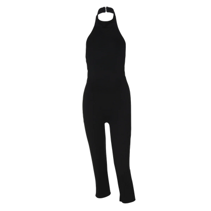 Hugcitar Ribbed Halter Backless Solid Button Sexy Bodycon Skinny Jumpsuit Summer Women Fashion Vacation Romper Streetwear Club
