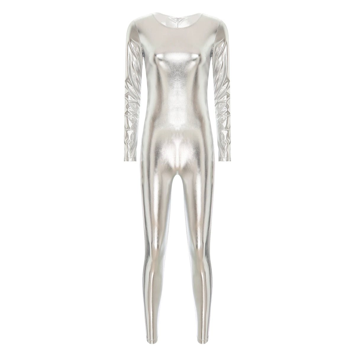 Womens Metallic Shiny Bodysuit Clubwear Long Sleeve Slim Fit Full Body Jumpsuit Nightclub Rave Party Musci Festival Costumes