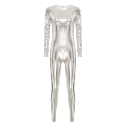 Womens Metallic Shiny Bodysuit Clubwear Long Sleeve Slim Fit Full Body Jumpsuit Nightclub Rave Party Musci Festival Costumes