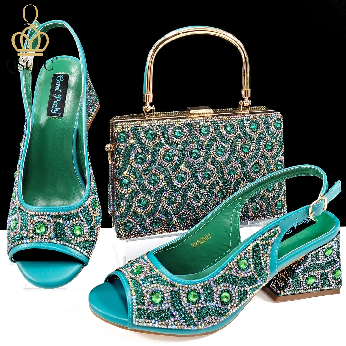 QSGFC 2024 Rhinestone Design INS Hot Sale New Arrivals African Shoes and Bag Set in Green Color Open Toe Comfortable Women Heels