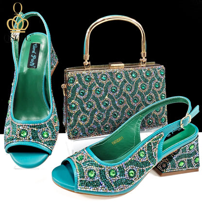 QSGFC 2024 Rhinestone Design INS Hot Sale New Arrivals African Shoes and Bag Set in Green Color Open Toe Comfortable Women Heels