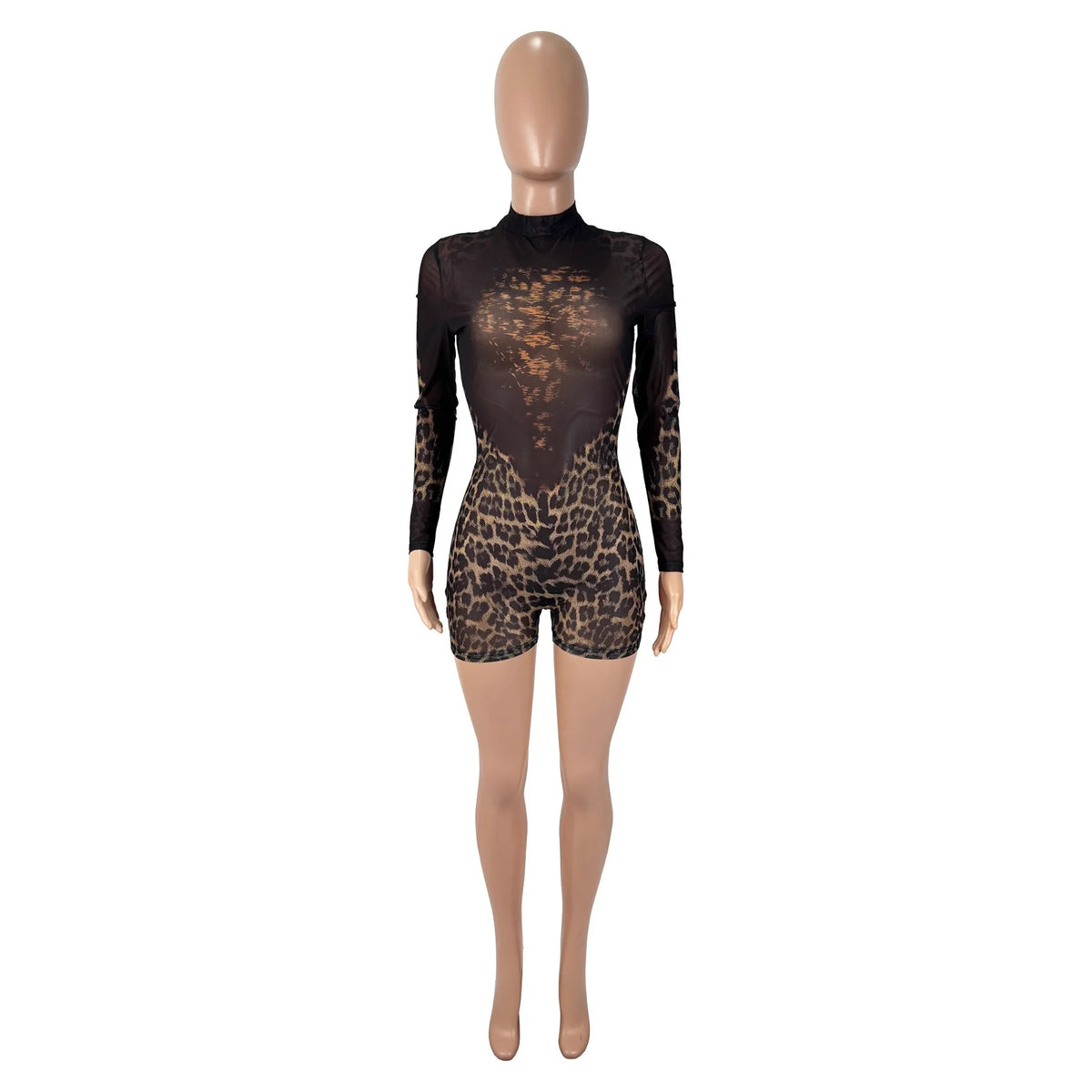 D9551 European and American Women's sexy Leopard Print Mesh Print See through Long-Sleeved Round Neck Jumpsuit Shorts