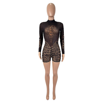 D9551 European and American Women's sexy Leopard Print Mesh Print See through Long-Sleeved Round Neck Jumpsuit Shorts
