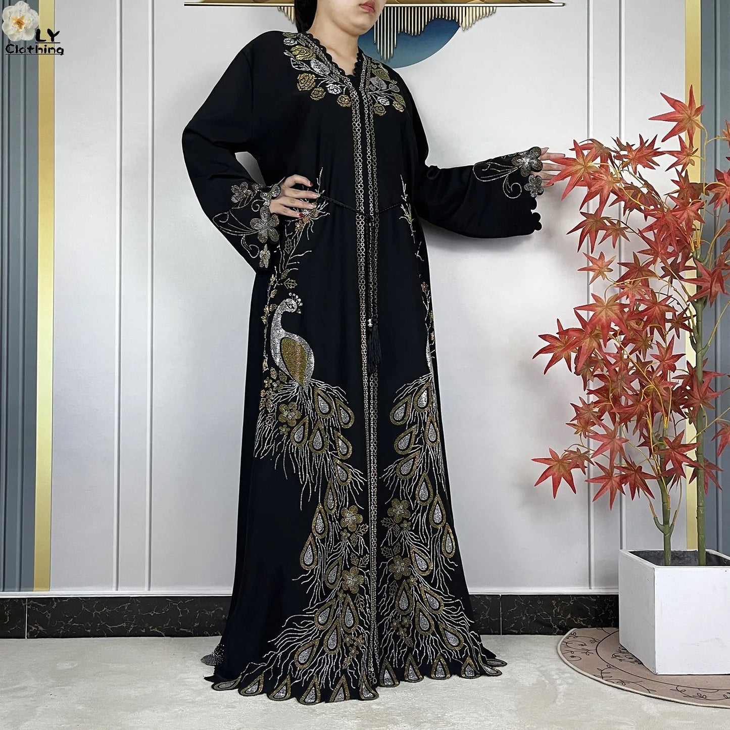 New Style Fashion Dubai Muslim Women Dress Elegant Arabic Femme Hijab Long Sleeve Chiffon Diamond Abaya Islamic Turkey Clothing