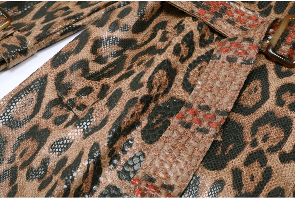 2102 High-quality Spring And Autumn Snake Skin Leopard Print Long Sleeved Leather Belt Temperament Coat Women's Trench Coat