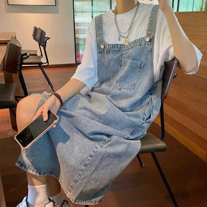 Korean style Denim Overall Dress Women Sleeveless Jeans Dresses Female Solid Slip Casual Loose Spaghetti Strap Dresses