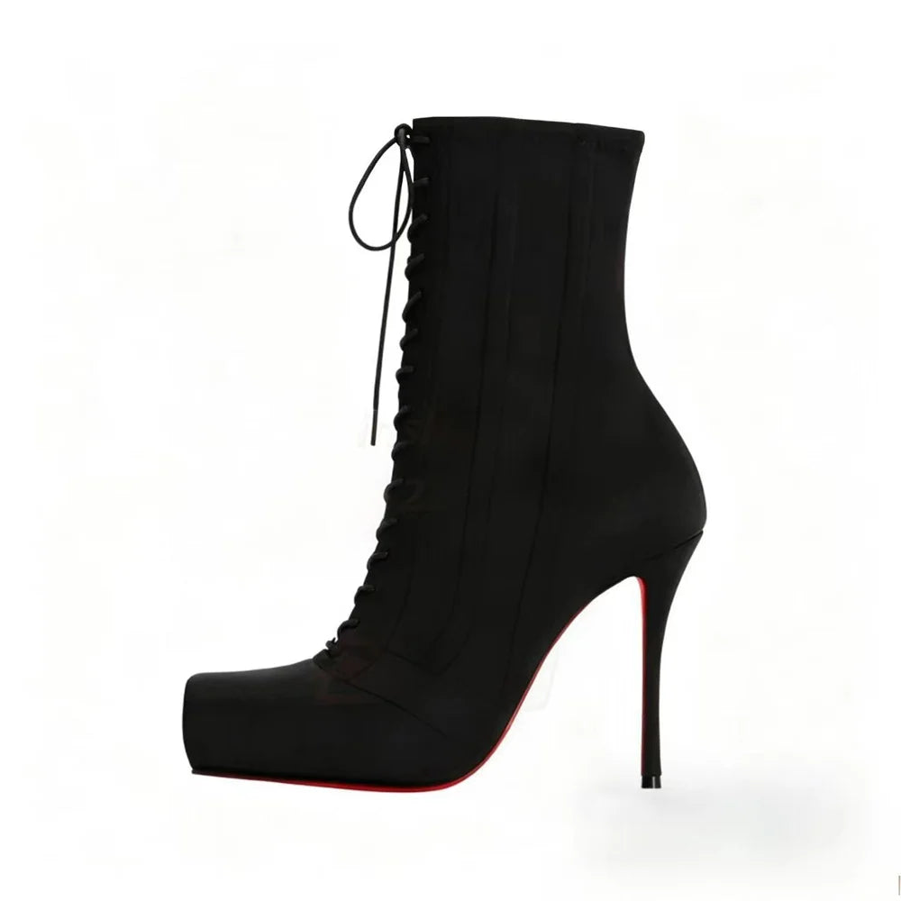 Women Square Toe Lace‑Up Ankle Booties Stiletto High Heels Platform Fashion Party Nightclub Ladies Dress Shoes Zapatos Mujer
