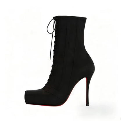 Women Square Toe Lace‑Up Ankle Booties Stiletto High Heels Platform Fashion Party Nightclub Ladies Dress Shoes Zapatos Mujer