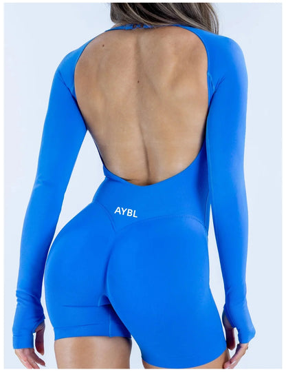 Long Sleeve One Piece Gym Clothes Women Yoga Playsuit Open Back Fitness Workout Jumpsuit Backless Set Siamese Sportswear