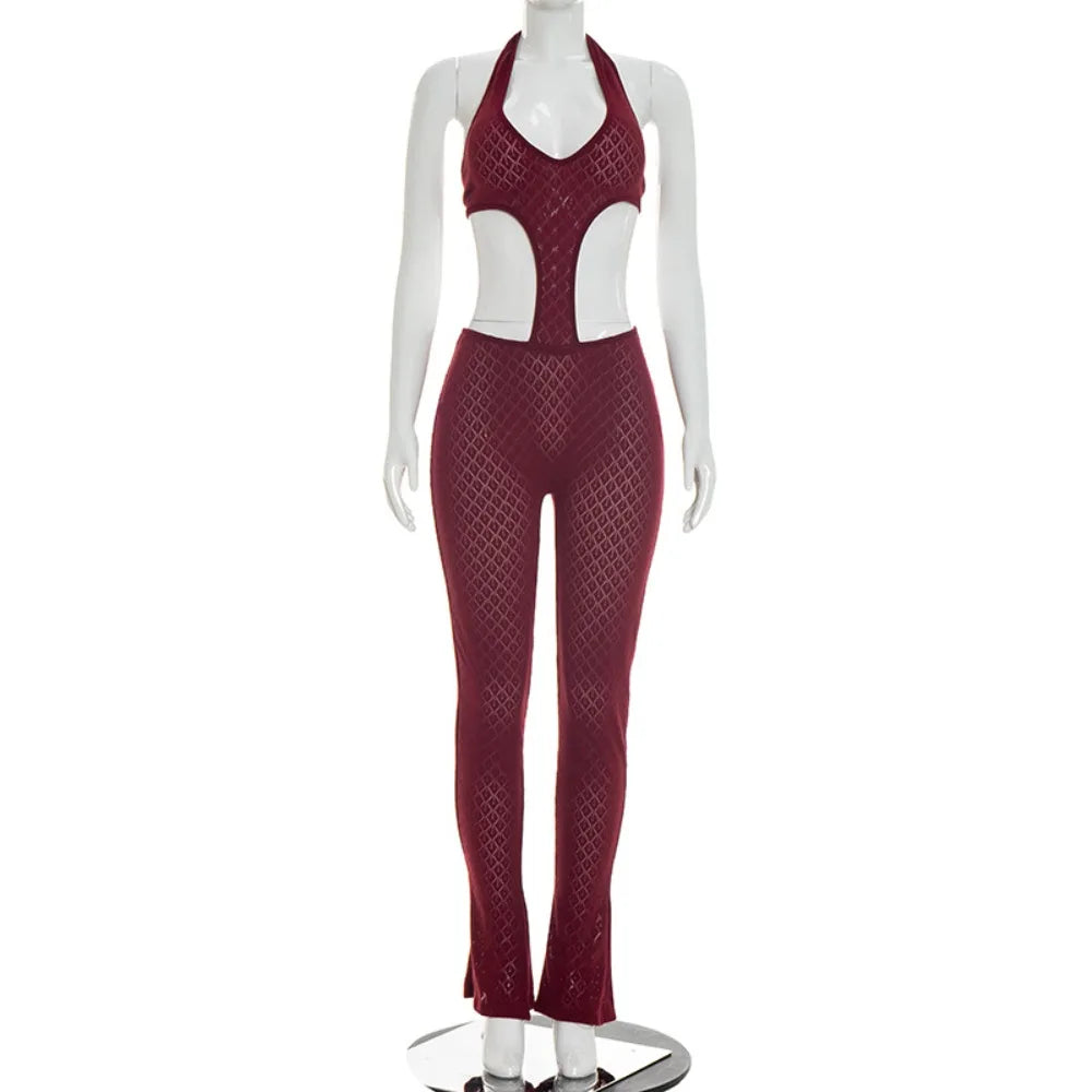 FLARORA Sexy Hollow See Through Jumpsuits Woman Trend Halter V Neck Sleeveless Backless Bandage Jumpsuit Hottie Street Overalls